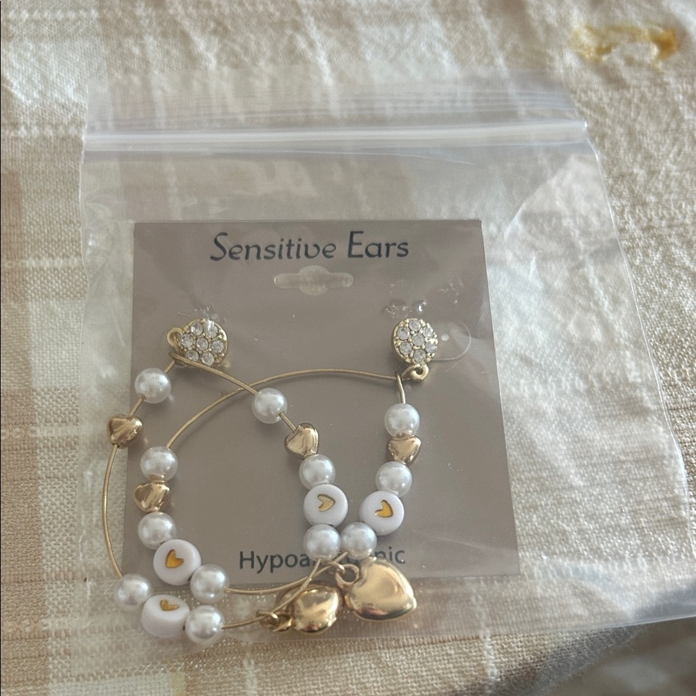Gold and White Heart Earrings for Sensitive Ears
